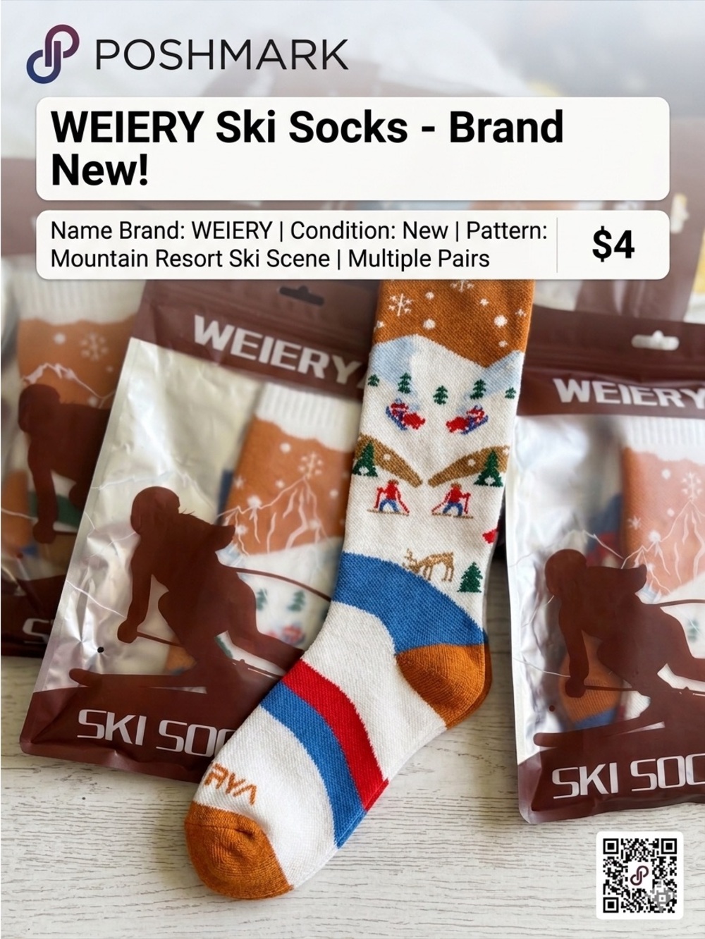 Kids small Ski Pattern Crew Socks - White with Blue & Orange
